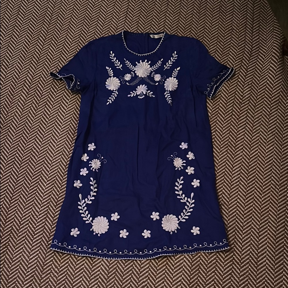 Zara Blue Dress with White Embroidery